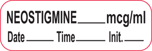 Anesthesia Label with Date, Time & Initial (Paper, Permanent) Neostigmine mcg/ml 1 1/2" x 1/2" White with Fluorescent Red - 1000 per Roll