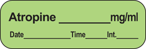 Anesthesia Label with Date, Time & Initial (Paper, Permanent) Atropine mg/ml 1 1/2" x 1/2" Green - 600 per Roll