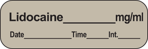 Anesthesia Label with Date, Time & Initial (Paper, Permanent) Lidocaine mg/ml 1 1/2" x 1/2" Gray - 600 per Roll