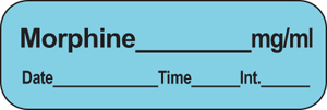 Anesthesia Label with Date, Time & Initial (Paper, Permanent) Morphine mg/ml 1 1/2" x 1/2" Blue - 600 per Roll