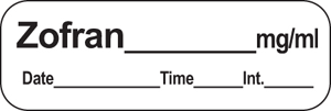 Anesthesia Label with Date, Time & Initial (Paper, Permanent) Zofran mg/ml Date 1 1/2" x 1/2" White - 600 per Roll