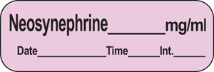 Anesthesia Label with Date, Time & Initial (Paper, Permanent) Neosynephrine mg/ml 1 1/2" x 1/2" Violet - 600 per Roll