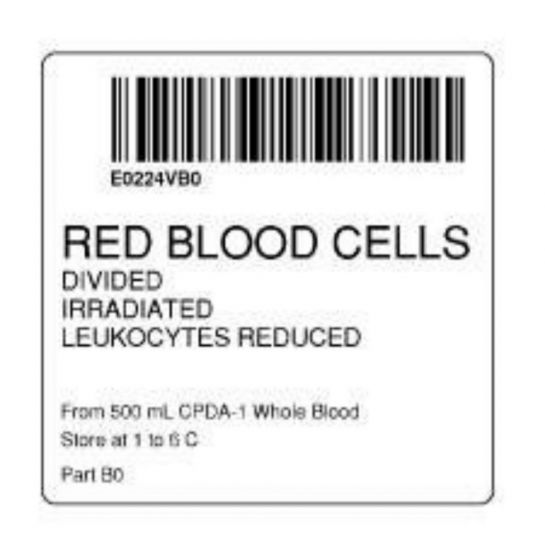 ISBT 128 Label (Synthetic, Permanent) "Red Blood Cells'' 2"x2" White - 500 per Roll