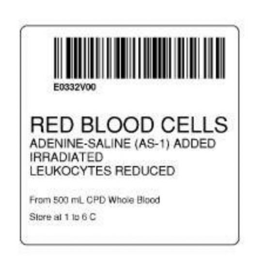 ISBT 128 Label (Synthetic, Permanent) "Red Blood Cells'' 2"x2" White - 500 per Roll