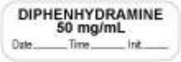 Anesthesia Label with Date, Time & Initial (Paper, Permanent) "Diphenhydramine 50" 1 1/2" x 1/2" White - 1000 per Roll