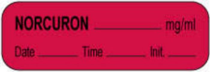 Anesthesia Label with Date, Time & Initial (Paper, Permanent) Norcuron mg/ml 1 1/2" x 1/2" Fluorescent Red - 1000 per Roll