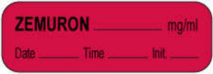 Anesthesia Label with Date, Time & Initial (Paper, Permanent) Zemuron mg/ml 1 1/2" x 1/2" Fluorescent Red - 1000 per Roll