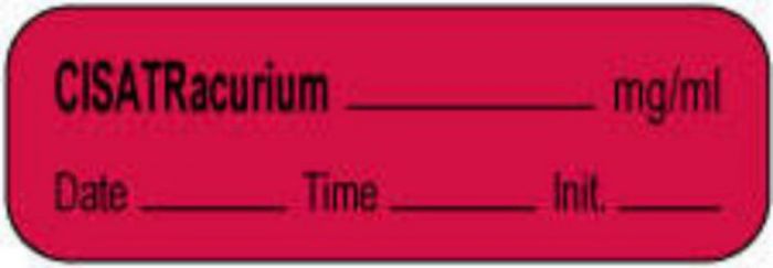 Anesthesia Label with Date, Time & Initial | Tall-Man Lettering (Paper, Permanent) CisAtracurium mg/ml 1 1/2" x 1/2" Fluorescent Red - 1000 per Roll