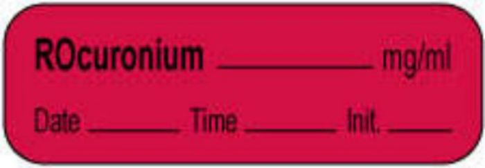 Anesthesia Label with Date, Time & Initial | Tall-Man Lettering (Paper, Permanent) Rocuronium mg/ml 1 1/2" x 1/2" Fluorescent Red - 1000 per Roll