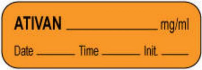 Anesthesia Label with Date, Time & Initial (Paper, Permanent) Ativan mg/ml 1 1/2" x 1/2" Orange - 1000 per Roll