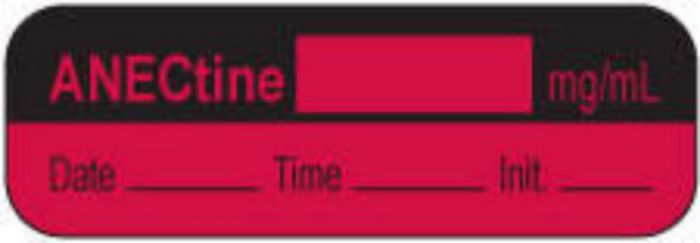 Anesthesia Label with Date, Time & Initial | Tall-Man Lettering (Paper, Permanent) Anectine mg/ml 1 1/2" x 1/2" Fluorescent Red and Black - 1000 per Roll