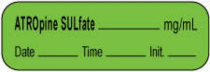 Anesthesia Label with Date, Time & Initial | Tall-Man Lettering (Paper, Permanent) Atropine Sulfate mg/ml 1 1/2" x 1/2" Green - 1000 per Roll