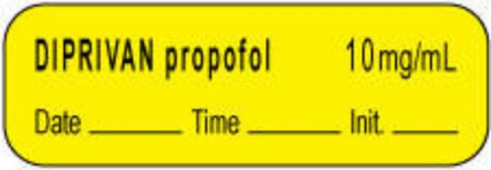 Anesthesia Label with Date, Time & Initial | Tall-Man Lettering (Paper, Permanent) Diprivan Propofol 1 1/2" x 1/2" Yellow - 1000 per Roll