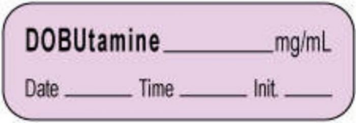 Anesthesia Label with Date, Time & Initial | Tall-Man Lettering (Paper, Permanent) Dobutamine mg/ml 1 1/2" 1 1/2" x 1/2" Violet - 1000 per Roll