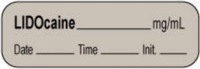 Anesthesia Label with Date, Time & Initial | Tall-Man Lettering (Paper, Permanent) Lidocaine mg/ml 1 1/2" x 1/2" Gray - 1000 per Roll