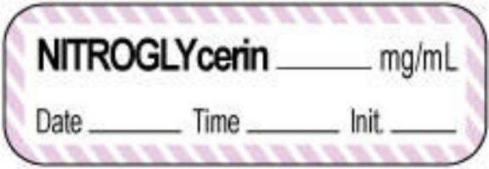 Anesthesia Label with Date, Time & Initial | Tall-Man Lettering (Paper, Permanent) Nitroglycerin mg/ml 1 1/2" x 1/2" White with Violet - 1000 per Roll