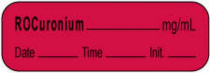 Anesthesia Label with Date, Time & Initial | Tall-Man Lettering (Paper, Permanent) Rocuronium mg/ml 1 1/2" x 1/2" Fluorescent Red - 1000 per Roll