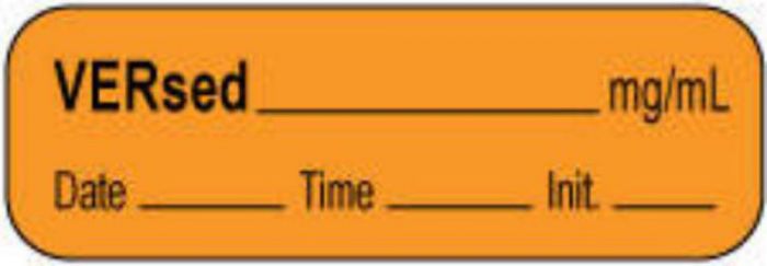 Anesthesia Label with Date, Time & Initial | Tall-Man Lettering (Paper, Permanent) Versed mg/ml 1 1/2" x 1/2" Orange - 1000 per Roll