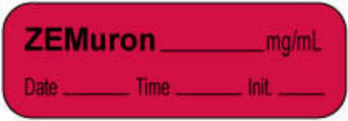 Anesthesia Label with Date, Time & Initial | Tall-Man Lettering (Paper, Permanent) Zemuron mg/ml 1 1/2" x 1/2" Fluorescent Red - 1000 per Roll