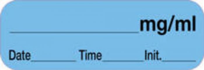 Anesthesia Label with Date, Time & Initial (Paper, Permanent) mg/ml 1 1/2" x 1/2" Blue - 1000 per Roll