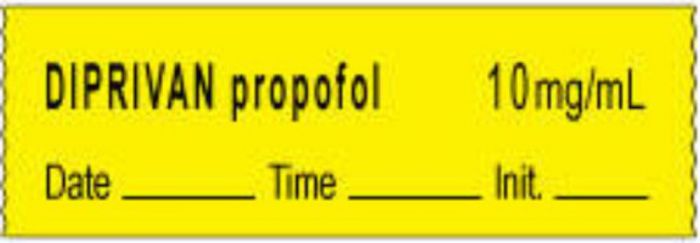 Anesthesia Tape with Date, Time & Initial | Tall-Man Lettering (Removable) Diprivan Propofol 1/2" x 500" - 333 Imprints - Yellow - 500 Inches per Roll