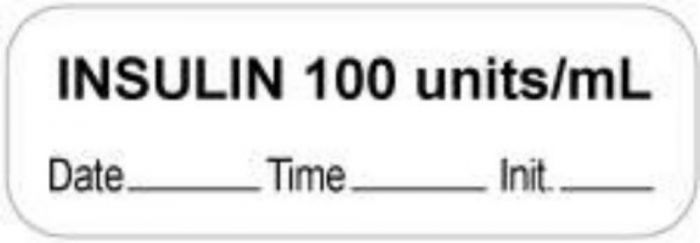 Anesthesia Label with Date, Time & Initial (Paper, Permanent) "Insulin 100 Units/ml" 1 1/2" x 1/2" White - 1000 per Roll