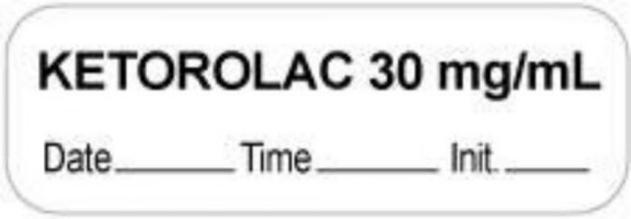 Anesthesia Label with Date, Time & Initial (Paper, Permanent) "Ketorolac 30 mg/ml" 1 1/2" x 1/2" White - 1000 per Roll