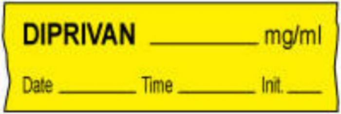 Anesthesia Tape with Date, Time & Initial (Removable) Diprivan mg/ml 1/2" x 500" - 333 Imprints - Yellow - 500 Inches per Roll