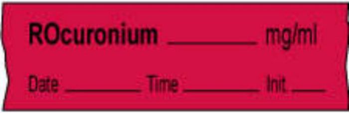 Anesthesia Tape with Date, Time & Initial | Tall-Man Lettering (Removable) Rocuronium mg/ml 1/2" x 500" - 333 Imprints - Fluorescent Red - 500 Inches per Roll