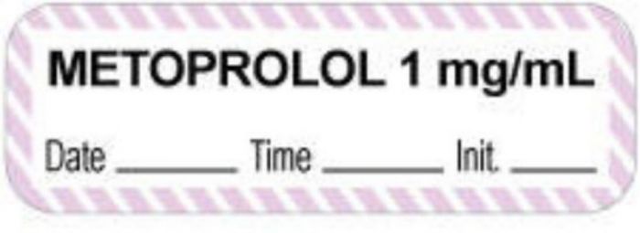 Anesthesia Label with Date, Time & Initial (Paper, Permanent) "Metoprolol 1 mg/ml" 1 1/2" x 1/2" White with Violet - 1000 per Roll