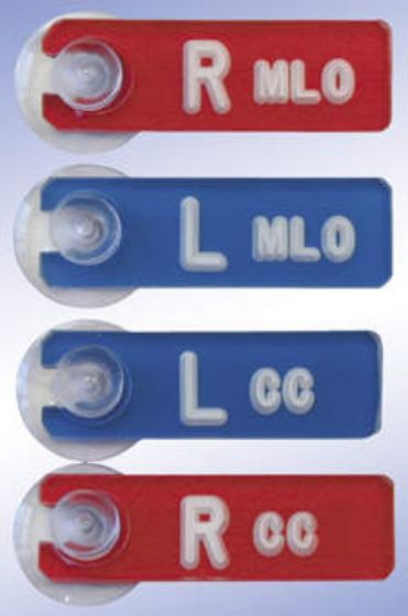 X-Ray Marker Mammography Set|Abbreviated Right and Left|with Suction Cup "CC" and "MLO" Blue and Red Acrylic 1-7/8" X 5/8" X 9/64", 4 per Set