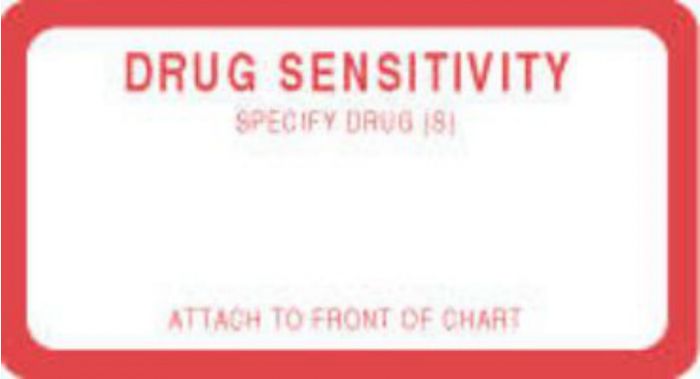 Label Paper Permanent Drug Sensitivity 3"x1 5/8" White with Red 1000 per Roll