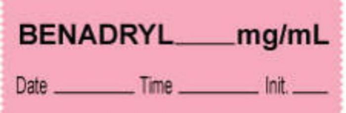 Anesthesia Tape with Date, Time & Initial (Removable) Benadryl mg/ml 1/2" x 500" - 333 Imprints - Pink - 500 Inches per Roll