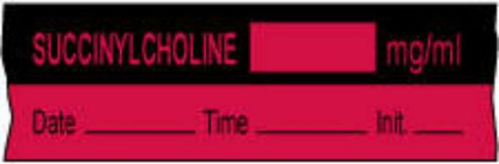 Anesthesia Tape with Date, Time & Initial (Removable) Succinylcholine mg/ml 1/2" x 500" - 333 Imprints - Fluorescent Red and Black - 500 Inches per Roll