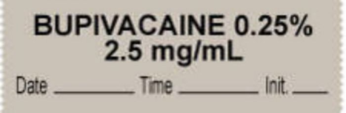 Anesthesia Tape with Date, Time & Initial (Removable) "Bupivacaine 0.25% 2.5 mg/ml" 1/2" x 500" Gray - 333 Imprints - 500 Inches per Roll