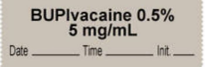 Anesthesia Tape with Date, Time & Initial | Tall-Man Lettering (Removable) "Bupivacaine 0.5% 5" 1/2" x 500" Gray - 333 Imprints - 500 Inches per Roll