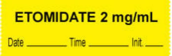 Anesthesia Tape with Date, Time & Initial (Removable) "Etomidate 2 mg/ml" 1/2" x 500" Yellow - 333 Imprints - 500 Inches per Roll