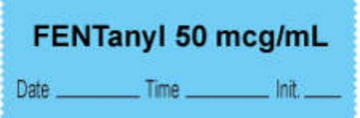 Anesthesia Tape with Date, Time & Initial | Tall-Man Lettering (Removable) "Fentanyl 50 mcg/ml" 1/2" x 500" Blue - 333 Imprints - 500 Inches per Roll