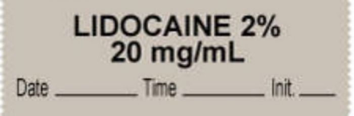 Anesthesia Tape with Date, Time & Initial (Removable) "Lidocaine 2% 20 mg/ml" 1/2" x 500" Gray - 333 Imprints - 500 Inches per Roll