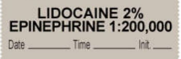 Anesthesia Tape with Date, Time & Initial (Removable) "Lidocaine 2% Epi" 1/2" x 500" Gray - 333 Imprints - 500 Inches per Roll