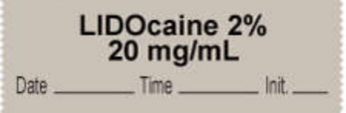 Anesthesia Tape with Date, Time & Initial | Tall-Man Lettering (Removable) "Lidocaine 2% 20 mg/ml" 1/2" x 500" Gray - 333 Imprints - 500 Inches per Roll