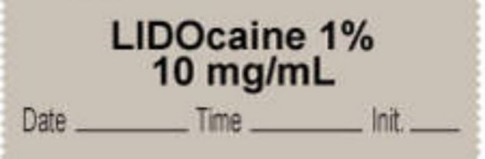 Anesthesia Tape with Date, Time & Initial | Tall-Man Lettering (Removable) "Lidocaine 1% 10 mg/ml" 1/2" x 500" Gray - 333 Imprints - 500 Inches per Roll