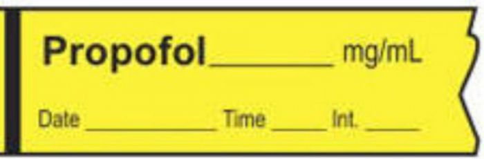 Anesthesia Tape with Date, Time & Initial (Removable) Propofol mg/ml 1/2" x 500" - 333 Imprints - Yellow - 500 Inches per Roll