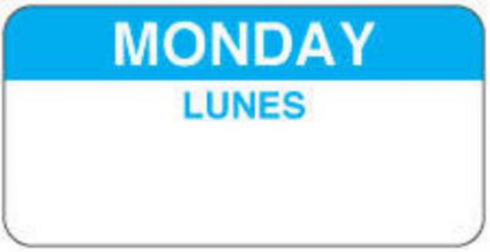 Label Paper Permanent Monday Lunes 2" x 1", White with Blue, 1000 per Roll