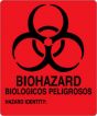 Hazard Label (Paper, Permanent) Biohazard Biologicos  5"x6" Fluorescent Red 10 per Package