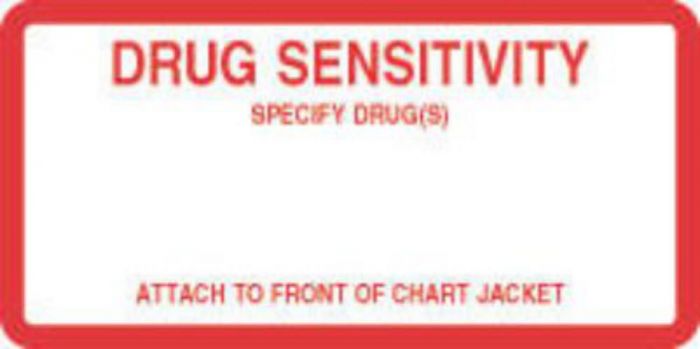 Label Paper Removable Drug Sensitivity 1 1/2" Core 4 1/2" x 2 1/4", White with Red, 500 per Roll