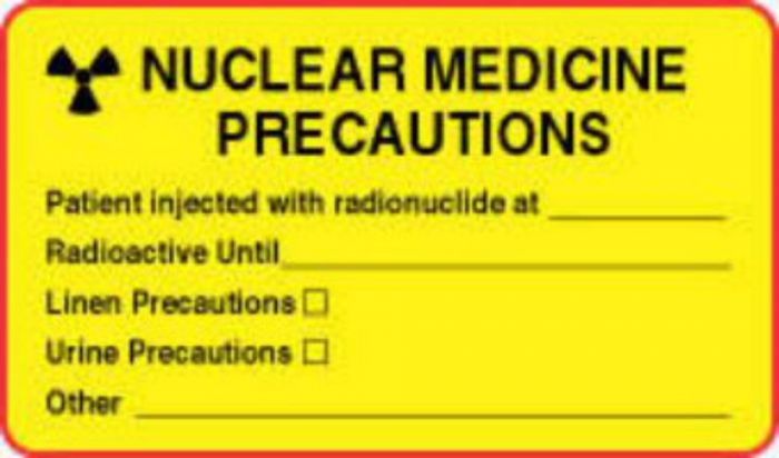 Hazard Label (Paper, Permanent) Nuclear Medicine  3"x1 3/4" Yellow with Red - 500 Labels per Roll