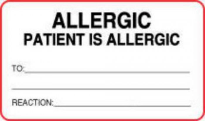 Label Paper Permanent Allergic Patient Is  3"x1 3/4" White with Red 500 per Roll