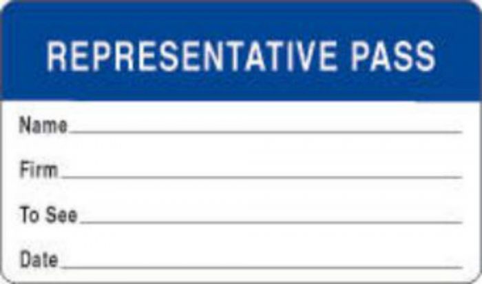 Visitor Pass Label Paper Removable "Representative Pass" 1" Core 2-3/4" X 1-3/4" Dark Blue, 1000 per Roll