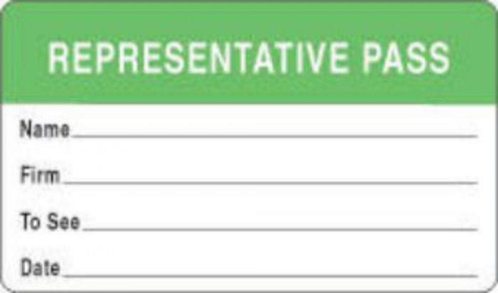 Visitor Pass Label Paper Removable "Representative Pass" 1" Core 2-3/4" X 1-3/4" Light Green, 1000 per Roll